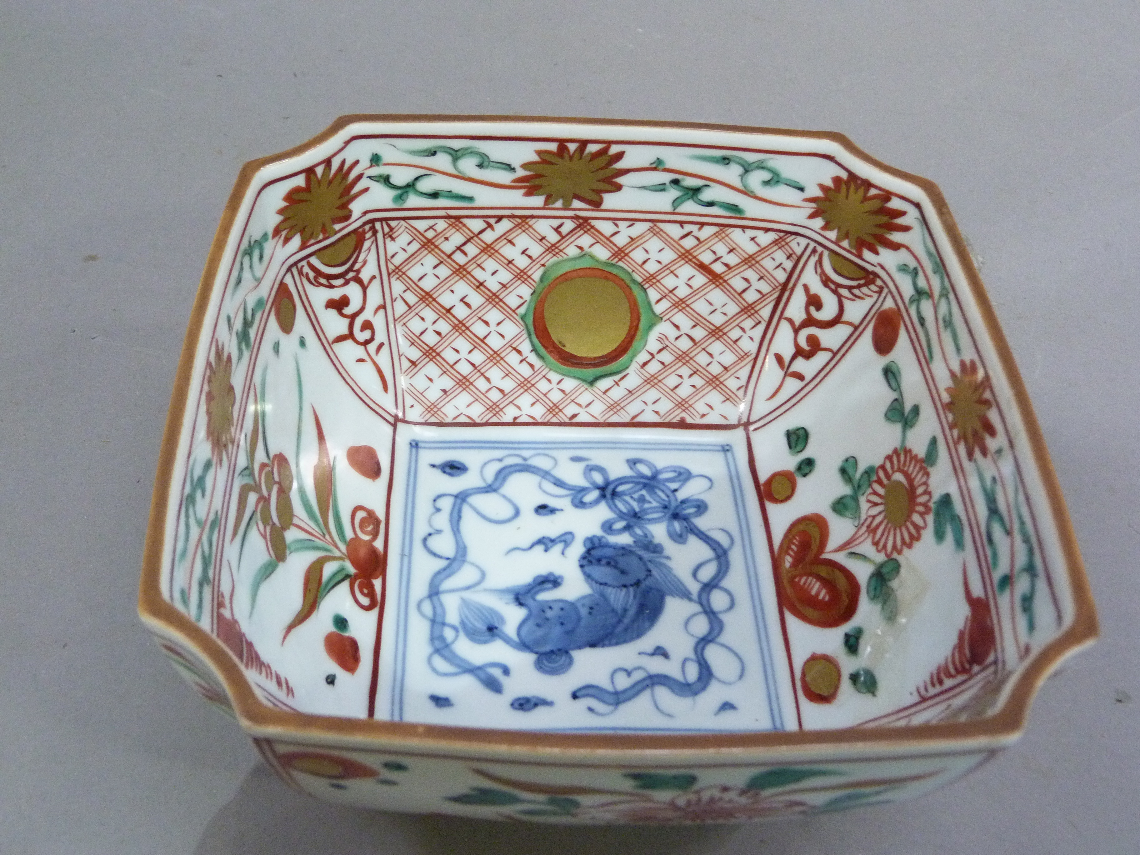 A Japanese porcelain bowl of square outline decorated in Imari palette, accompanied by a letter - Image 2 of 3