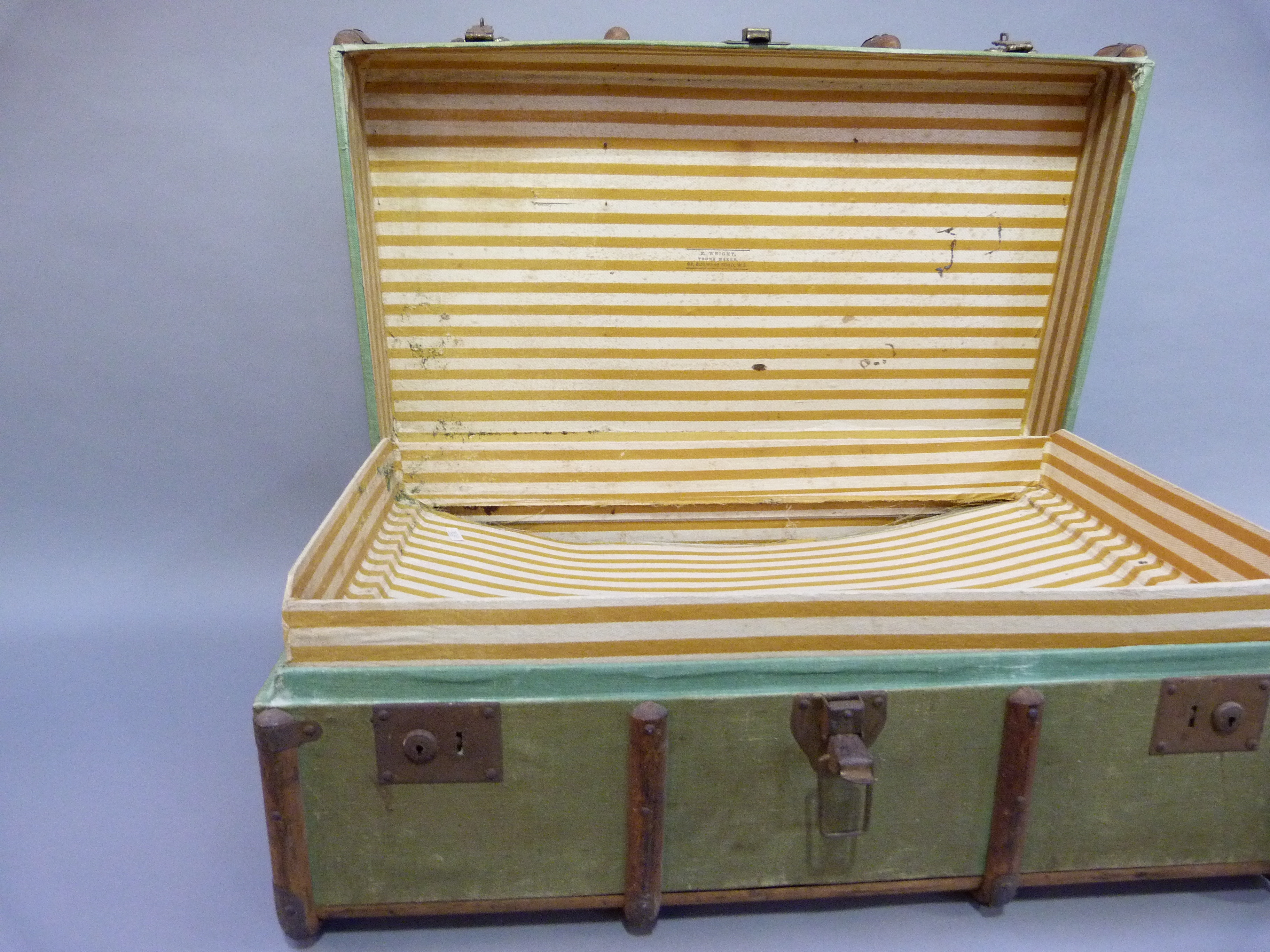 A canvas trunk with wood ribbing with luggage labels 'Luggage in Advance' 85cm wide x 52cm deep x - Image 3 of 4