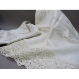 A pair of white embroidered, lace inset and fringed bedspreads, single size, 176cm x 254cm approx