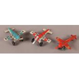 A Vintage Alemanni Leoruda printed tinplate aeroplane in red, single propeller, blue wheels, 8.5cm