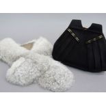 A 1940s black suede pleated cocktail handbag and a fur tippet