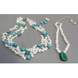 Three freshwater cultured pearl necklaces variously set with malachite and simulated turquoise