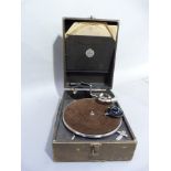 An Antoria table top gramophone, cased, 28cm wide x 18cm high x 38cm deep