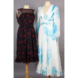 A blue turquoise and white lined chiffon full length dress with pleated bodice size 10-12 approx,