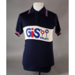 A Vintage Natalie Bruno wool cycling shirt, blue with cream band embroidered GIS gelati, size 6,