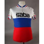 A vintage Saba Campitello acrylic cycling shirt, red white and blue with quarter zip, the front