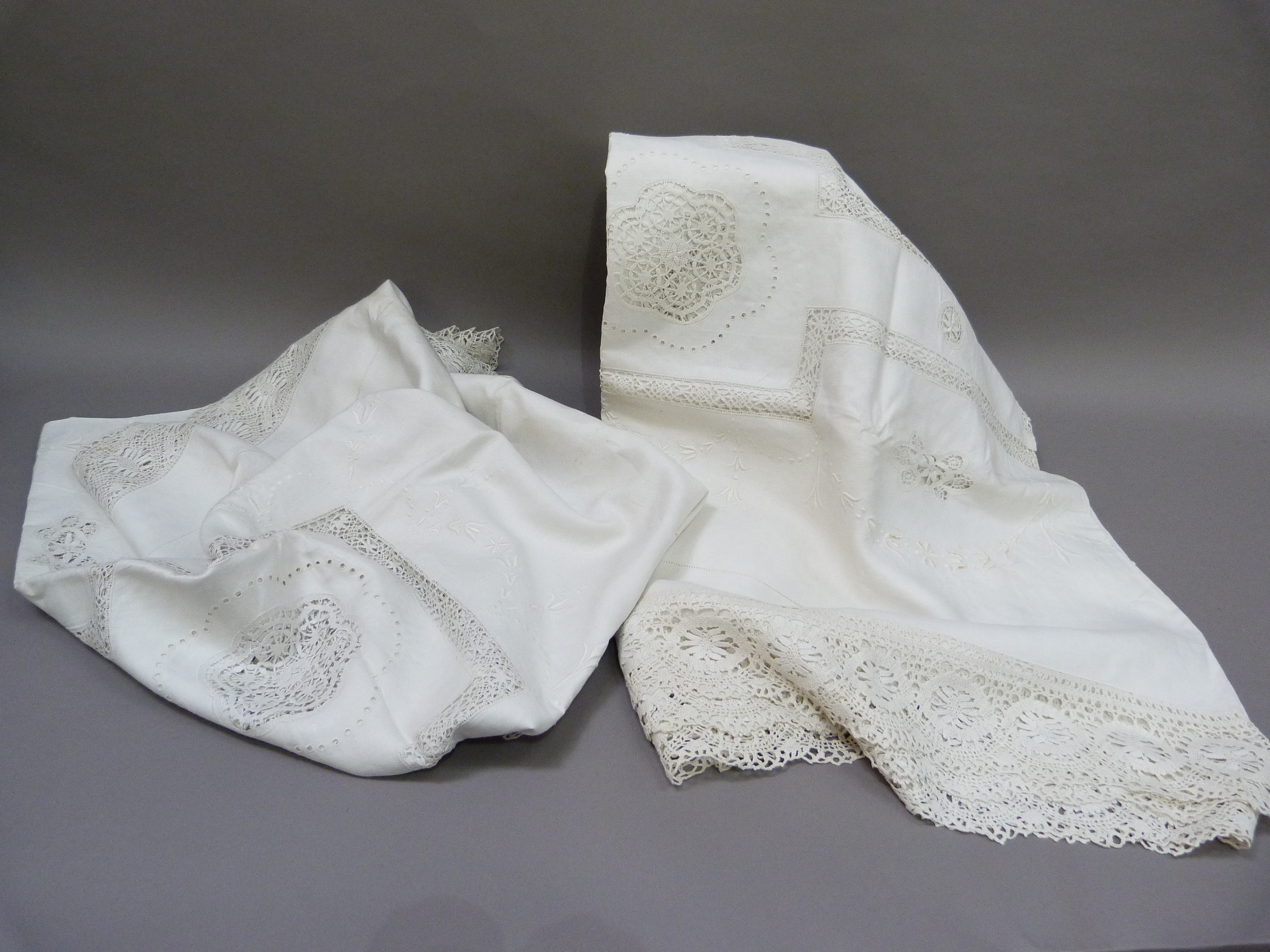 A pair of white embroidered, lace inset and fringed bedspreads, single size, 176cm x 254cm approx - Image 4 of 4