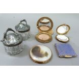 Four vintage compacts including blue with gilt beading, mother-of-pearl and gilt metal,