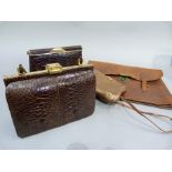 Two mock crocodile handbags, a bronze/ gold woven evening bag and a tan leather briefcase