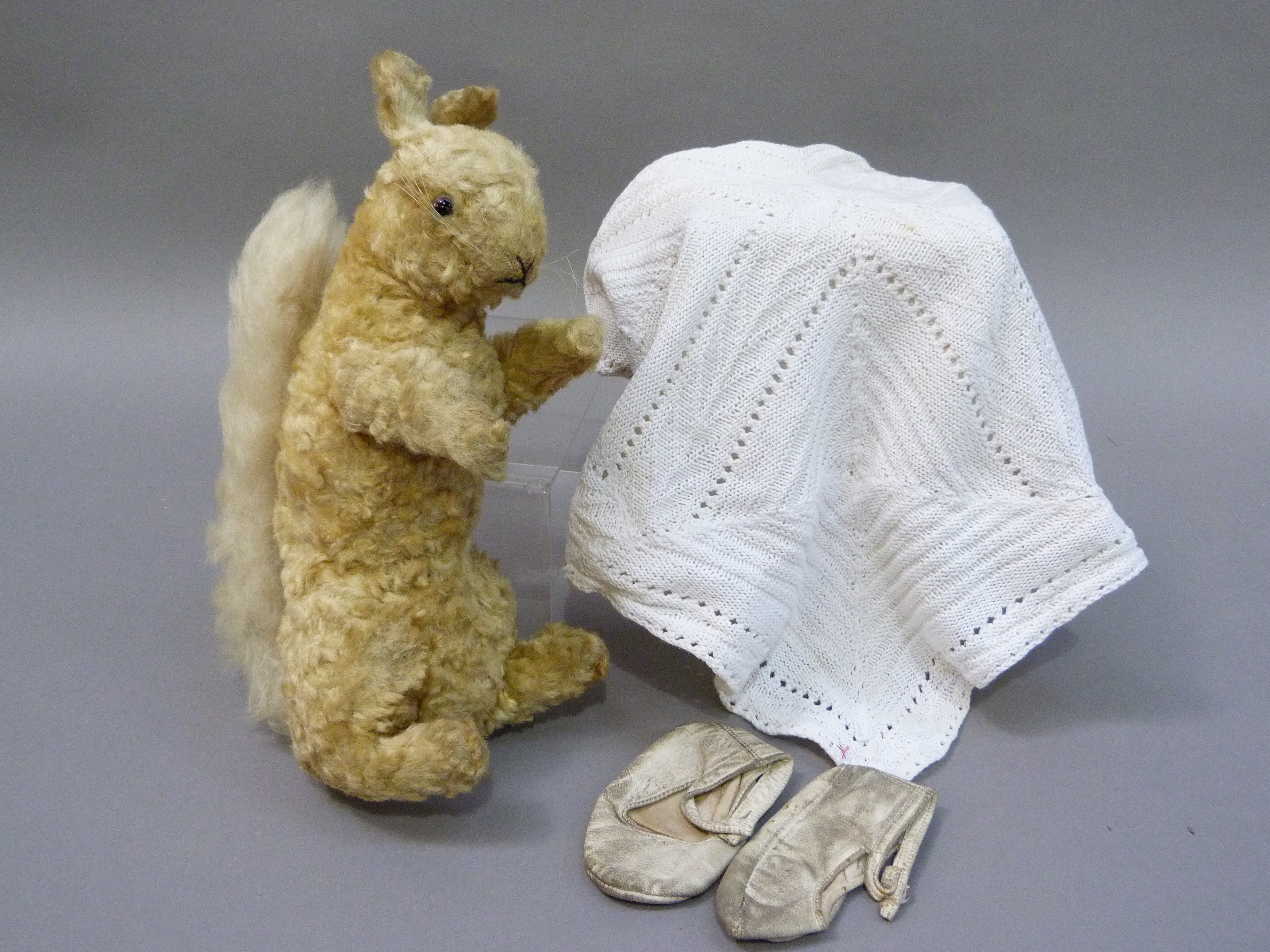 A pair of infants white kid leather shoes together with an early 20th century stuffed toy - Image 2 of 2