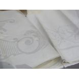 Five white linen damask tablecloths, 200cm x 280cm, 180cm x 180cm, 188cm x 228cm, 180cm x 228cm,