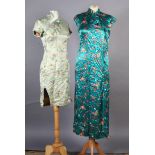 A Chinese mini dress in pale green with floral embroidery, size 32, a turquoise full length
