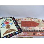 A Kilim prayer mat in fox red, ivory and black with triple border, 129cm x 90cm; together with a