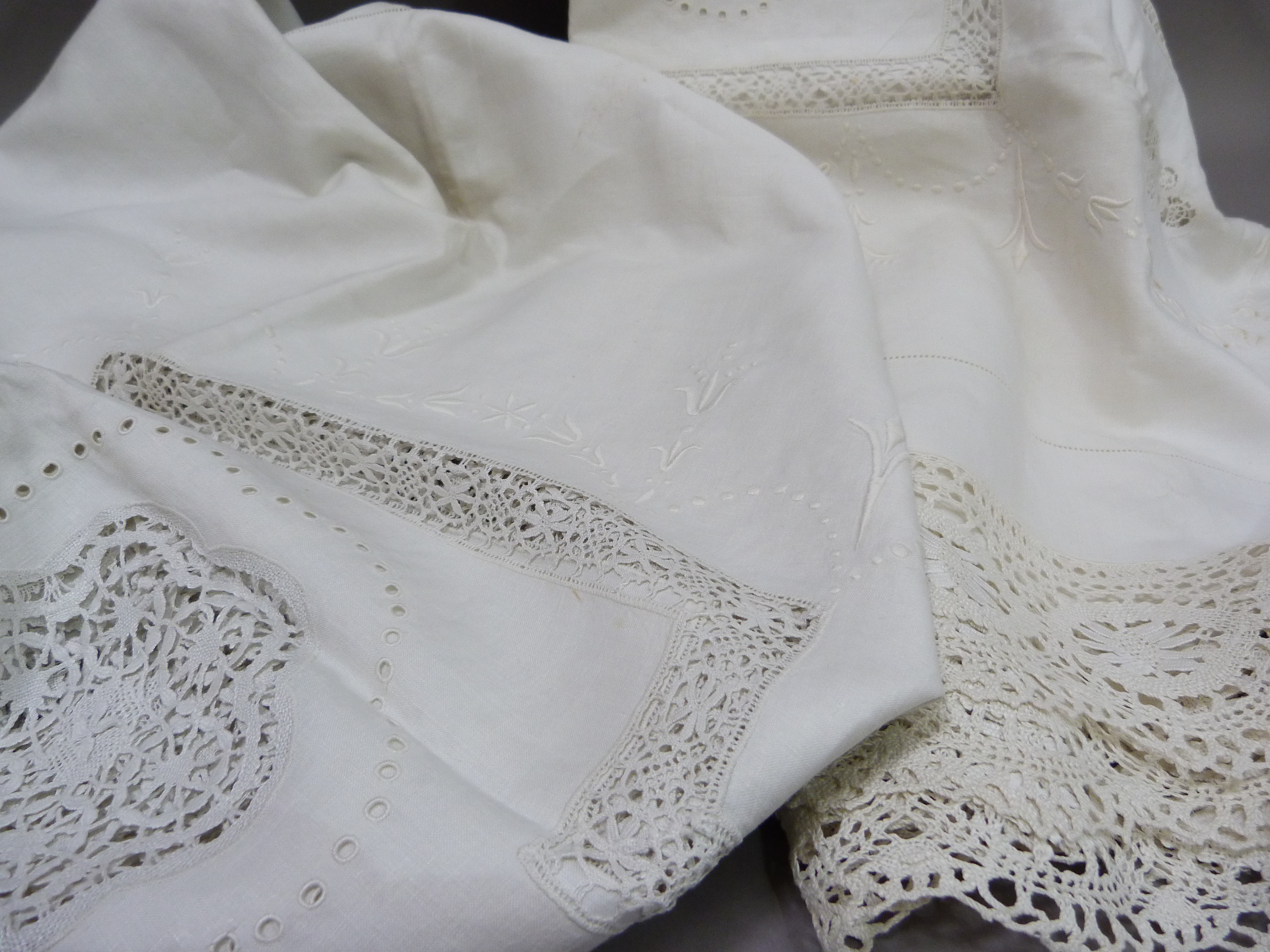 A pair of white embroidered, lace inset and fringed bedspreads, single size, 176cm x 254cm approx - Image 2 of 4