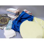 Various fabric remnants and a set of four yellow linen squab cushions