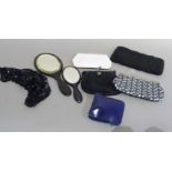 Four evening bags, a sequinned collar, a pack-away bag and two black hand mirrors