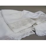 Two linen sheets with lace trim, double and single size, two pillow cases, one with lace