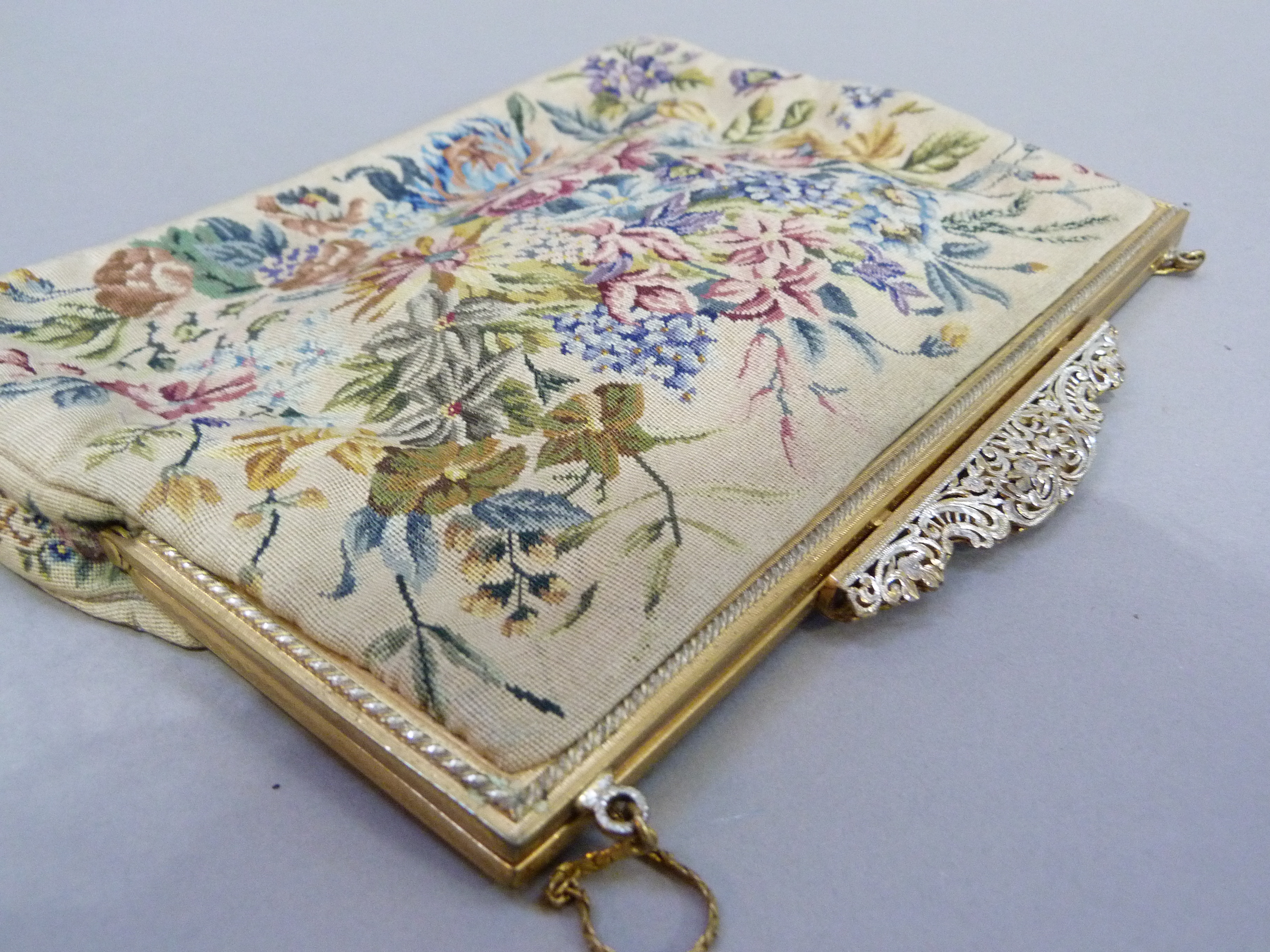 A Petit Point evening bag, of floral design, gilt metal frame, pierced clasp and gilt metal chain, - Image 2 of 2