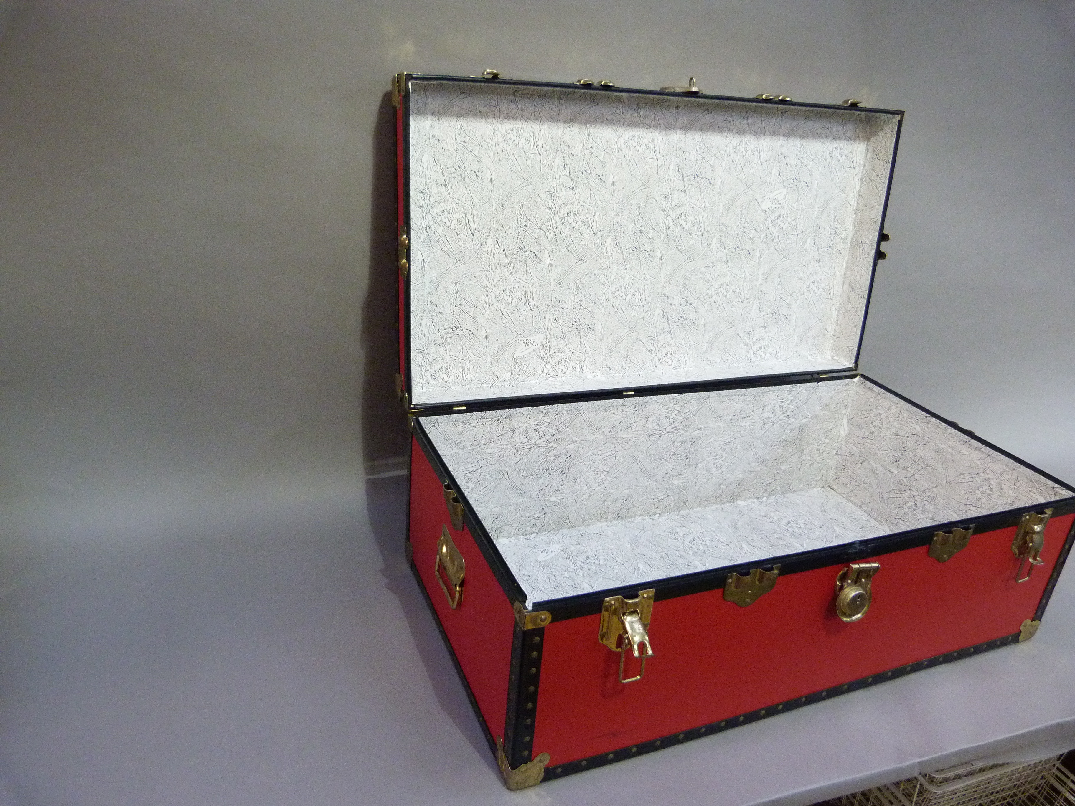 Large red and black trunk, modern, 92cm wide x 49.5cm deep x 35cm high, named P.F. Hartley - Image 2 of 4