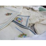 Linen hemstitch runners, tatted tea cosy, set of embroidered place mats and napkins, crotchet