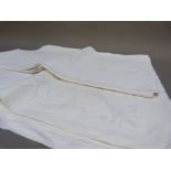 Two white damask table cloths, 180cm x 270cm approx