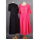 Four day dresses in pink cotton, terracotta and white printed cotton, blue with silver thread, black