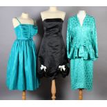 A jade green party dress with shoulder straps, size 12, a Jessica McClintock black satin strapless