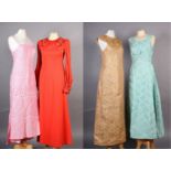 Four evening dresses, c.1960s, to include two sleeveless designs in turquoise and apricot, pink with