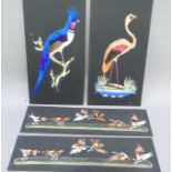 A feather picture of an exotic bird on black card, another of a flamingo, 45cm x 24cm approximately;