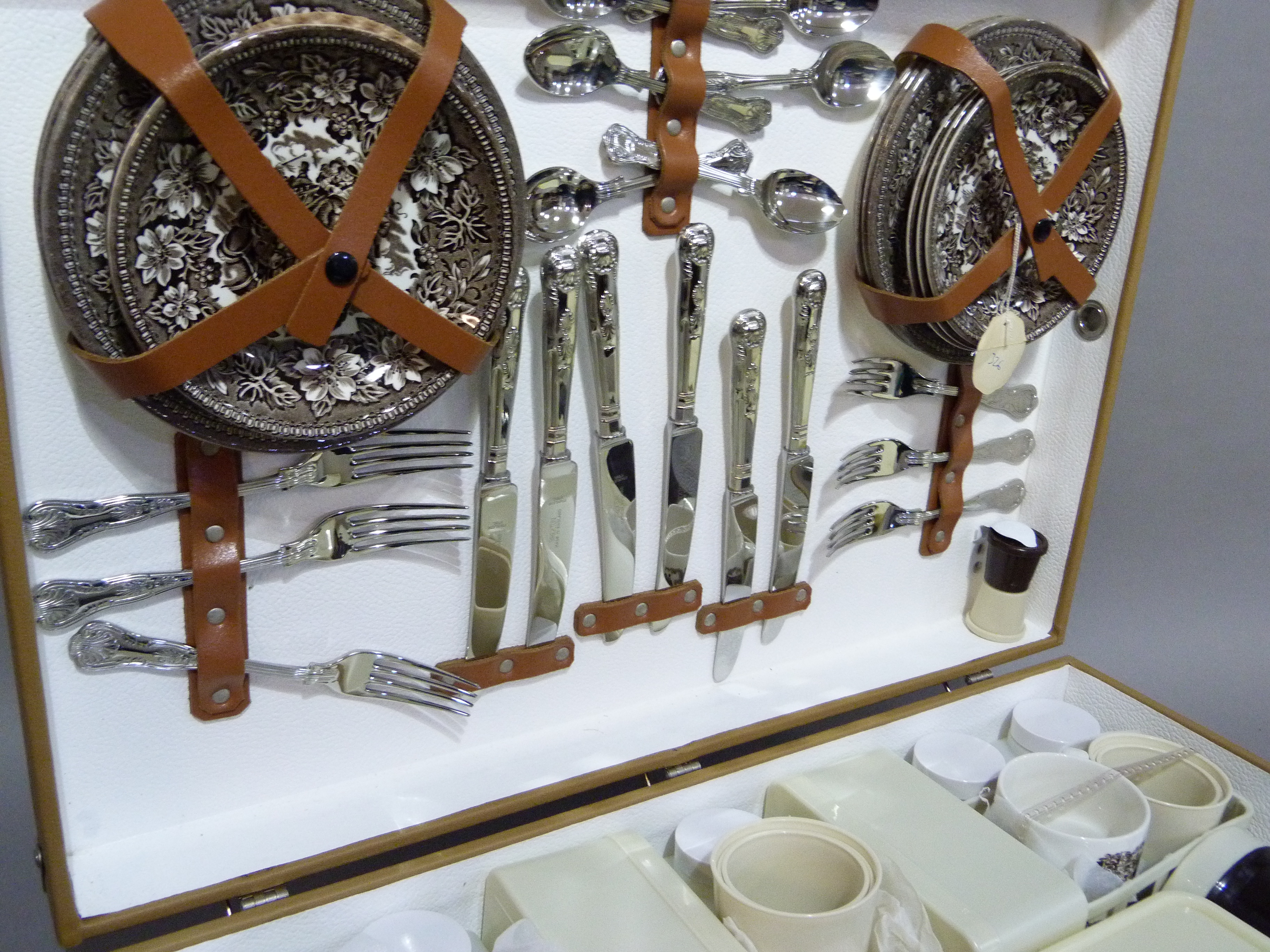 A vintage picnic hamper by Brexton Collection fitted for six, comprising: six pottery cups, - Image 2 of 5