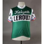 A vintage polyester green and white cycle jacket the front emblazoned Leroux, Helyett, the