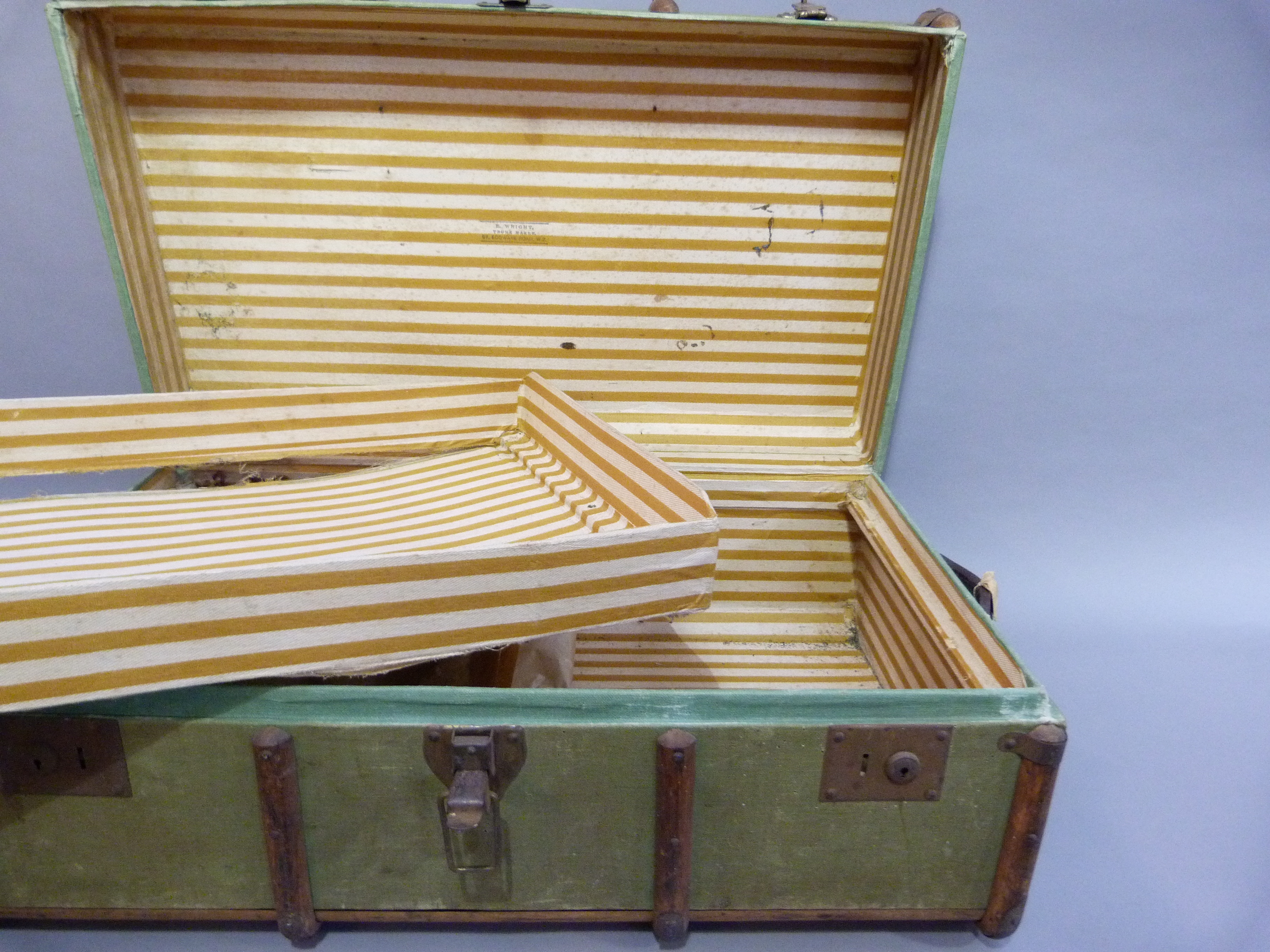 A canvas trunk with wood ribbing with luggage labels 'Luggage in Advance' 85cm wide x 52cm deep x - Image 4 of 4