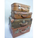 A tan leather covered suitcase, a pressed card case, a small 1960s case and a wooden case (4)