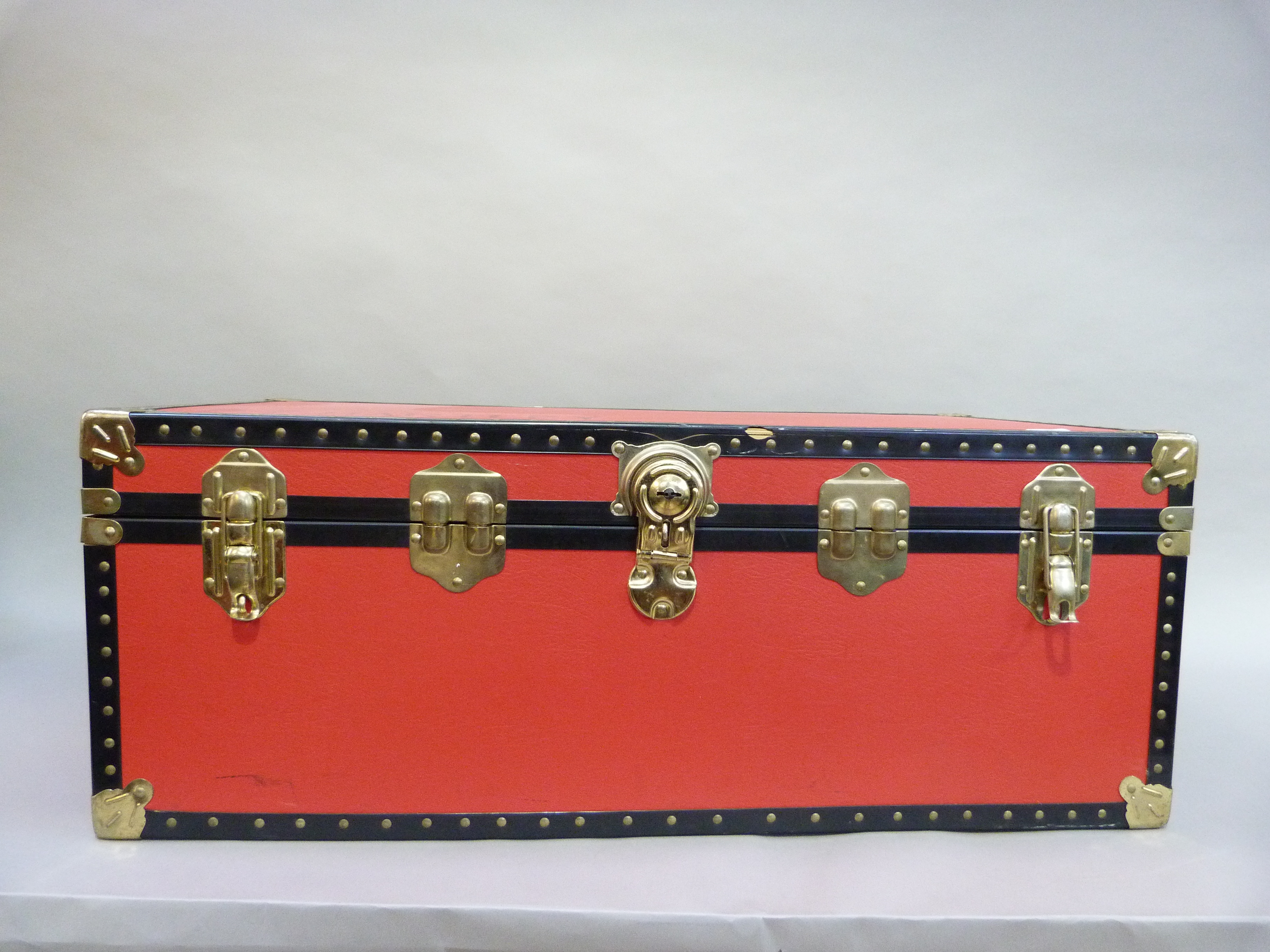 Large red and black trunk, modern, 92cm wide x 49.5cm deep x 35cm high, named P.F. Hartley - Image 3 of 4