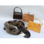 Two Waldy handbags in brown, tan leather and a tan lizard handbag together with a fox fur stole