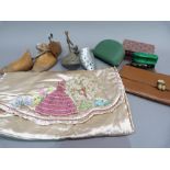 A satin embroidered nightgown case, a travelling iron, toiletry case, two pairs of shoe trees, tan