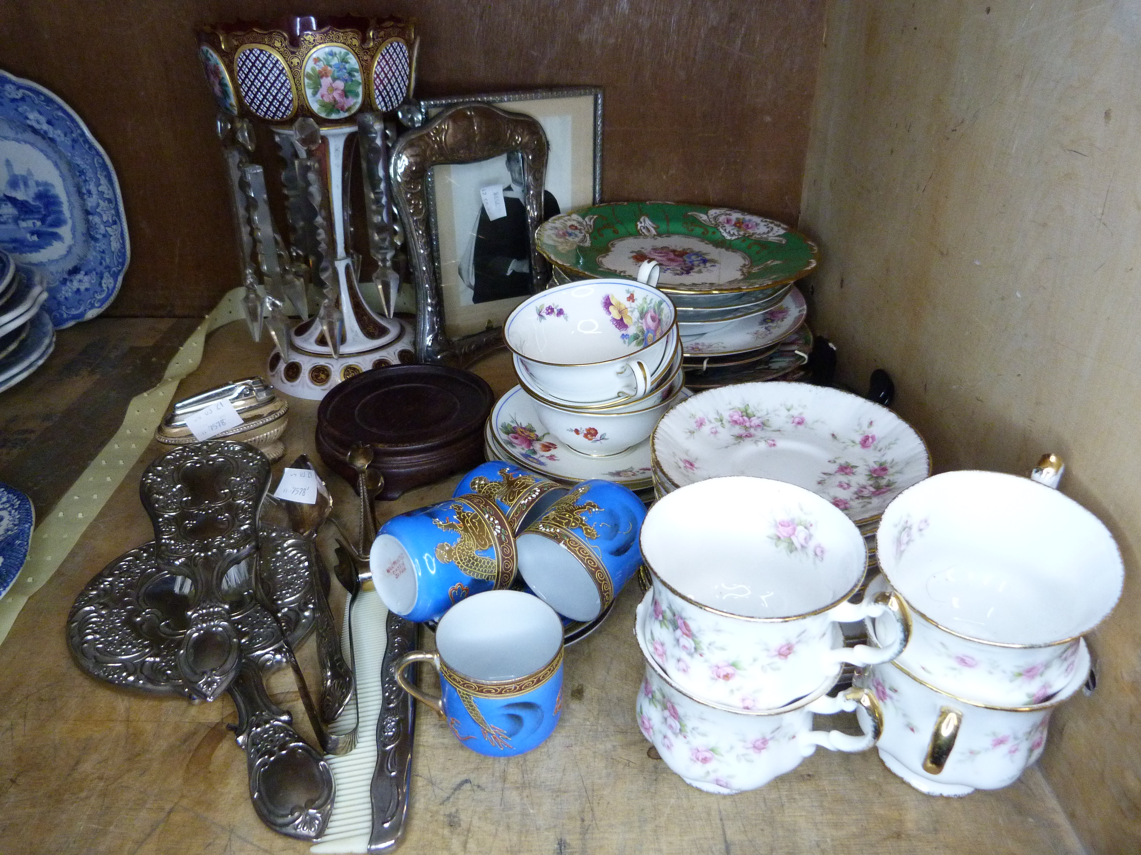 Three floral decorated plates with pierced rims, part tea service, four Japanese eggshell cups and - Image 2 of 4