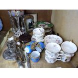 Three floral decorated plates with pierced rims, part tea service, four Japanese eggshell cups and