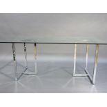 A glass topped dining table, the rectangular top above pair of chromium plated t-shaped supports,