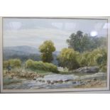 Early 20th Century English School, shepherd and sheep crossing a stream, watercolour, unsigned, 19.