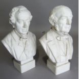 A pair of Parian busts of Disraeli and Gladstone on square bases, approx 20cm high