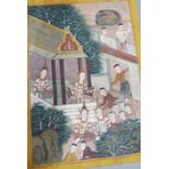 An Indian panel painted on canvas depicting a temple, deity and attendants, 63.5cm by 46cm