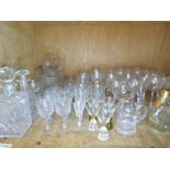 Glassware including cut decanters, flower vase, fruit bowls, part suite of cut table glass, set of