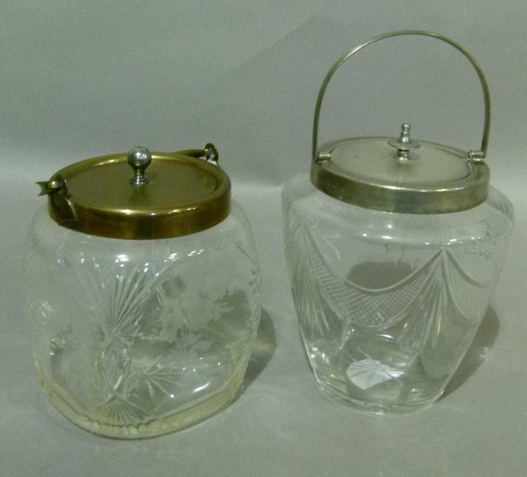 Two Edwardian glass biscuit barrels, the first of square dimpled form, cut and etched with - Image 4 of 6