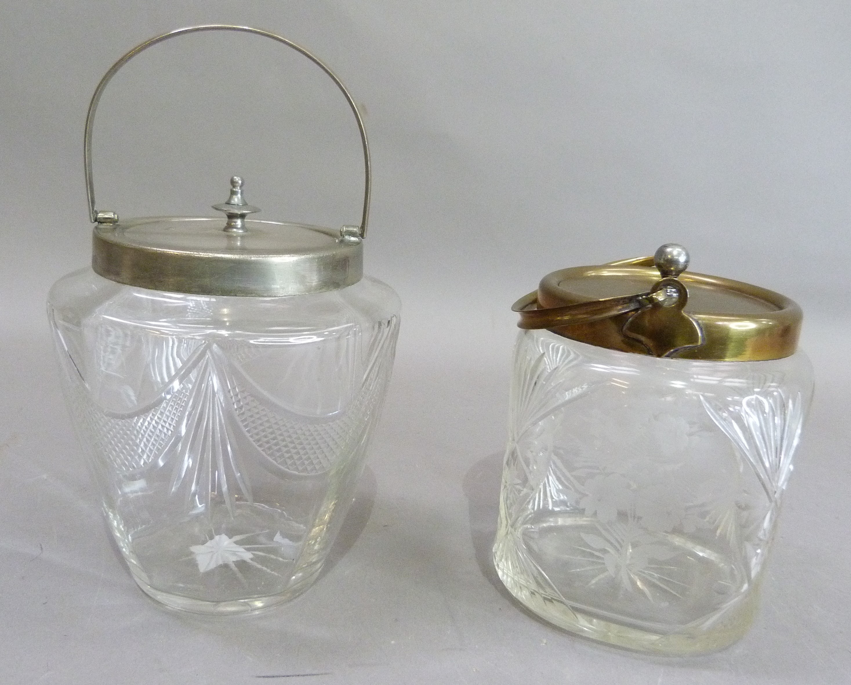 Two Edwardian glass biscuit barrels, the first of square dimpled form, cut and etched with - Image 2 of 6