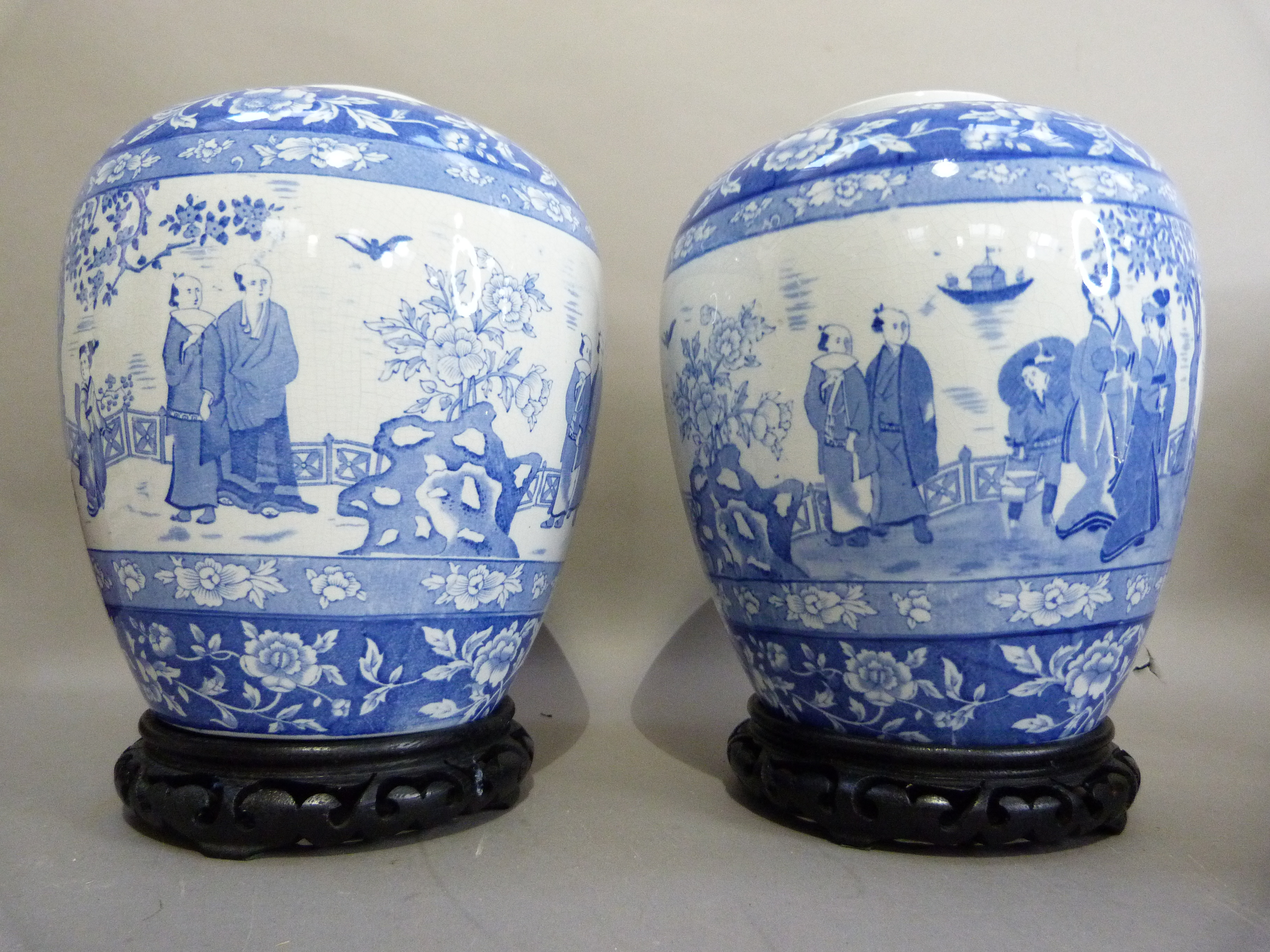 A pair of EPC, Stoke-on-Trent pottery ginger jars, decorated in underglaze blue with chinoiserie - Image 2 of 4