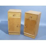 A pair of Meredew furniture oak bedside cupboards, the square tops above single drawer and cupboard,