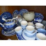 A quantity of blue and white ware including cups, saucers, tea plates, pearl ware, Spode, small meat