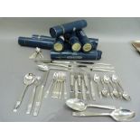 A suite of Elkington silver plated cutlery of Westminster design, for six including table knives,