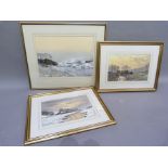 E J W Prior 'Yorkshire River Landscape Under Snow' and another with farmstead, watercolour signed to